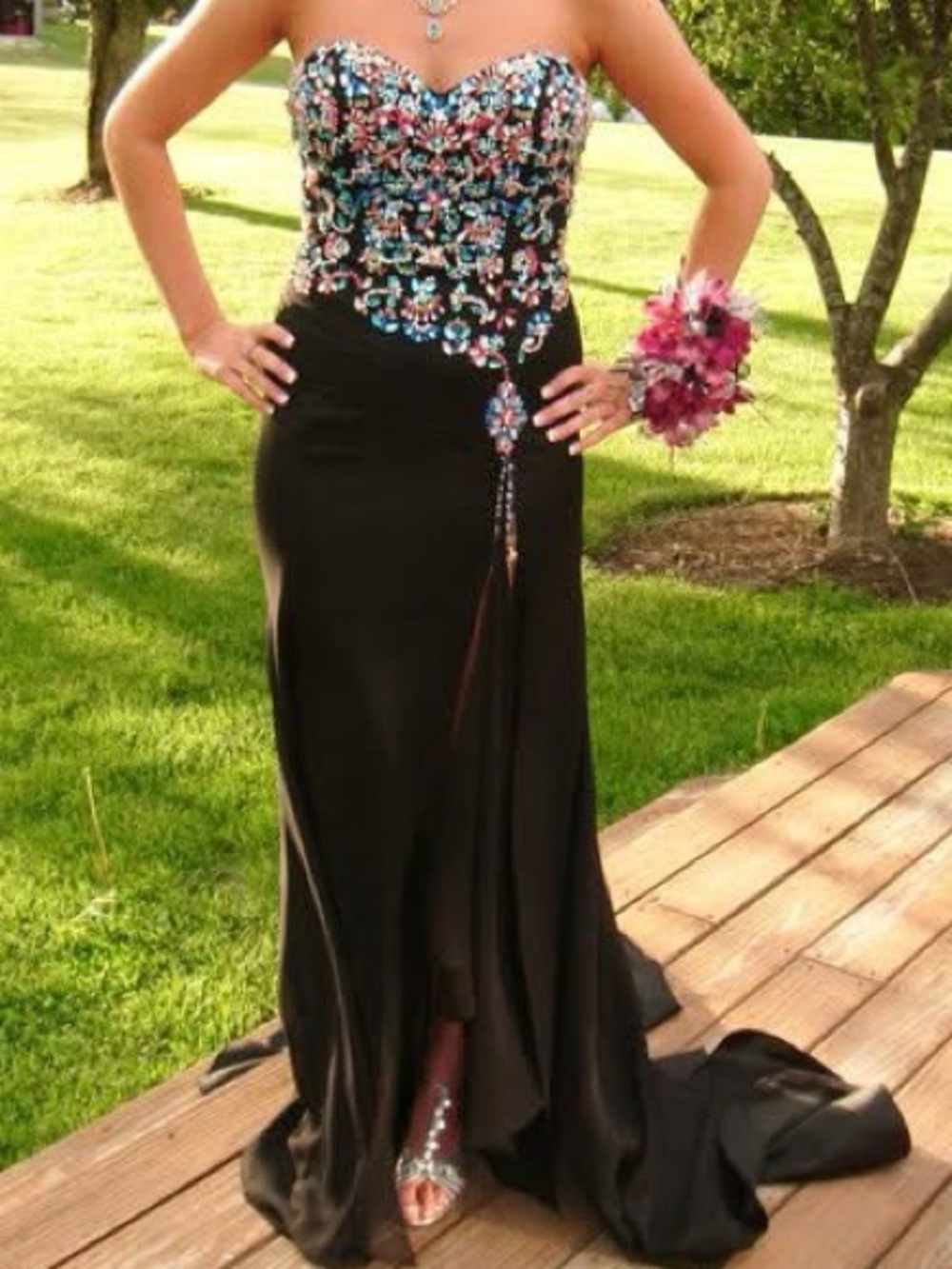 Rachel Allan Prima Donna Strapless Black Gown with Multicolor Beaded Bodice